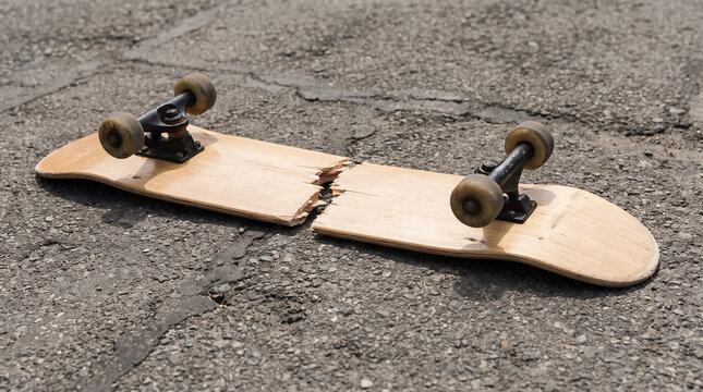 Broken skateboard deck on asphalt showing extreme sports failure, damage, and personal setback