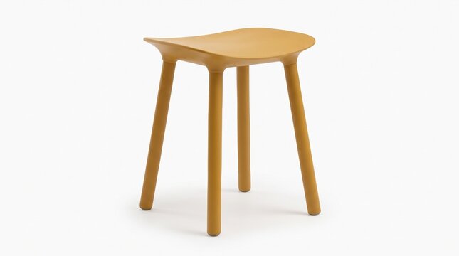 Modern yellow stool with curved seat and three tapered legs, isolated on white background