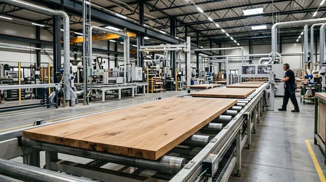 Industrial production line of solid wooden panels on a roller conveyor belt inside a modern woodworking factory with a professional worker monitoring the automated manufacturing process.