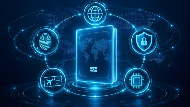 Digital biometric passport concept with glowing hologram and global travel security icons representing safe border control