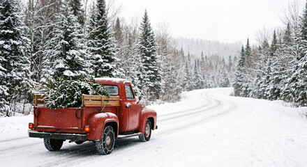 Fototapeta premium A classic red pickup truck loaded with a freshly cut green pine tree drives along a narrow snow covered road winding through dense winter woods