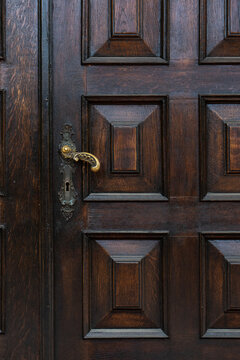 A vintage brass handle stands on a dark wooden door with classic square panels. This elegant antique entrance entrance detail represents historic interior design and home security.