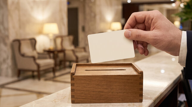 Man submitting feedback card into wooden suggestion box on a marble counter in a hotel reception area
