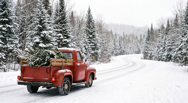 A classic red pickup truck loaded with a freshly cut green pine tree drives along a narrow snow covered road winding through dense winter woods