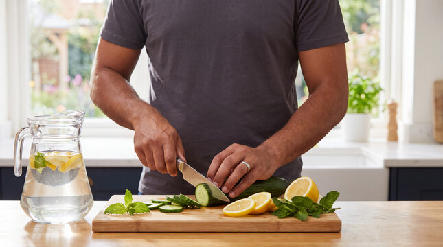 Man slicing cucumber on a cutting board, preparing healthy infused water with lemon and fresh mint in a bright kitchen