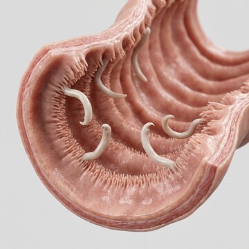 Hookworm Parasites Attached to Small Intestinal Lining Medical Illustration