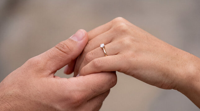 Partner placing an engagement ring on future wife's finger, symbolizing commitment and eternal love