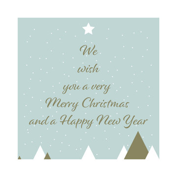 Holiday greeting card featuring festive typography, a star, snowflakes, and stylized mountains, expressing wishes for a Merry Christmas and a Happy New Year on a light blue background