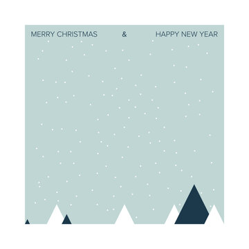 Minimalist winter landscape with snowy mountain peaks and falling snow, calm blue-white palette for Christmas and New Year greetings, modern clean card or banner design