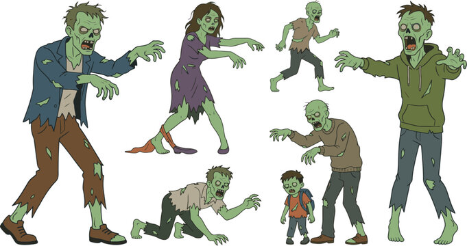 A diverse collection of cartoon zombie characters in active poses, isolated on white. Perfect for Halloween designs, game assets, and spooky illustrations.