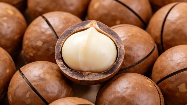 Close-Up of Macadamia Nuts with Cracked Shell Showing Creamy Kernel