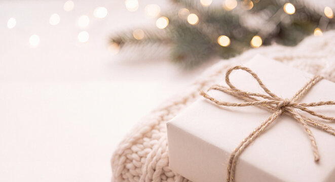A charming small gift box wrapped in plain white paper and tied with natural rustic string resting on a soft cozy knitted blanket ready for gifting