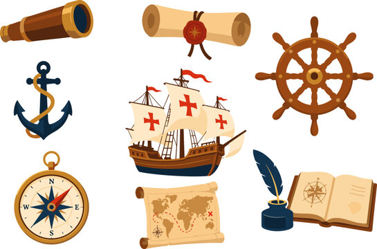 Vintage maritime exploration vector set featuring a wooden sailing ship, compass, antique map, globe, sextant, spyglass, anchor, scroll, quill, journal, and ship wheel in a clean flat illustration