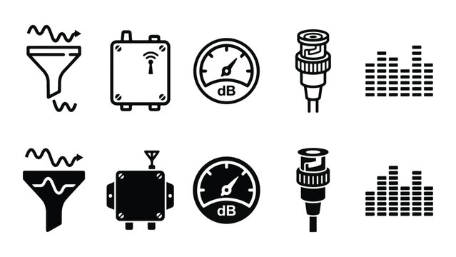 Bandpass Filter Line and Solid Icon Pack For Engineering | bandpass filter, RF, signal, frequency and filtering - Clean and Editable Vector Icons