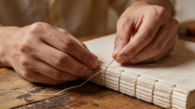 Artisan hands hand stitching a linen book binding on a wooden workbench