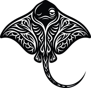 Black and white tribal stingray tattoo design with intricate patterns and flowing line art