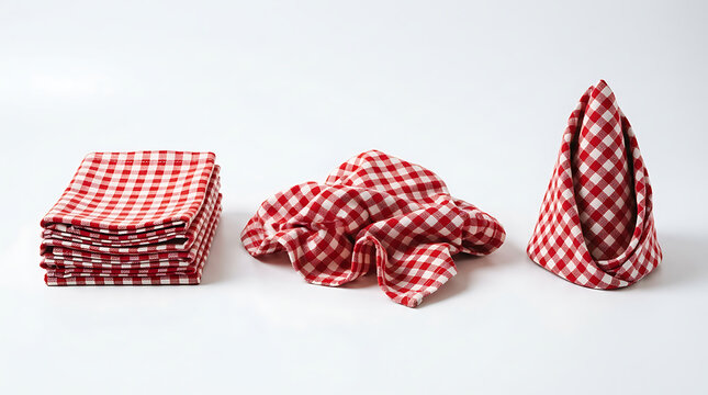 Red and white gingham fabric napkins folded and draped as isolated graphic elements