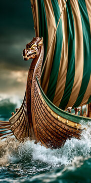 Viking longship with carved dragon prow and dramatic striped sail sailing through rough sea, ideal for Nordic history, mythology, adventure posters, book covers and game designs
