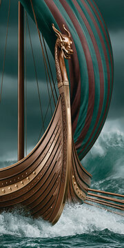 Viking longship with carved dragon prow and dramatic striped sail sailing through rough sea, ideal for Nordic history, mythology, adventure posters, book covers and game designs