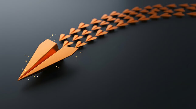 Leadership and innovation concept featuring a large orange paper plane leading a fleet of smaller planes on a dark background, symbolizing business strategy, vision, and successful direction.
