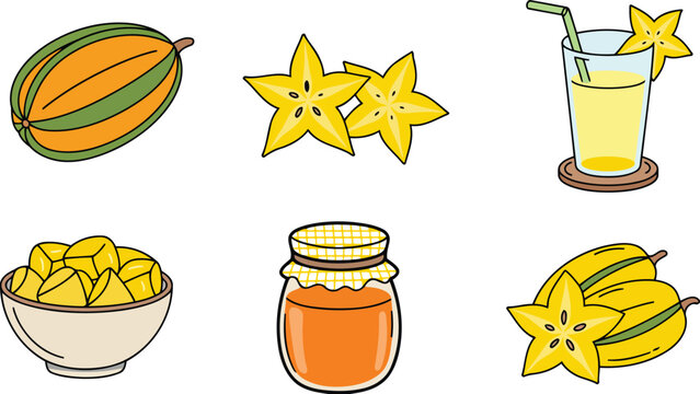 Fresh starfruit products set for healthy diet vector illustration