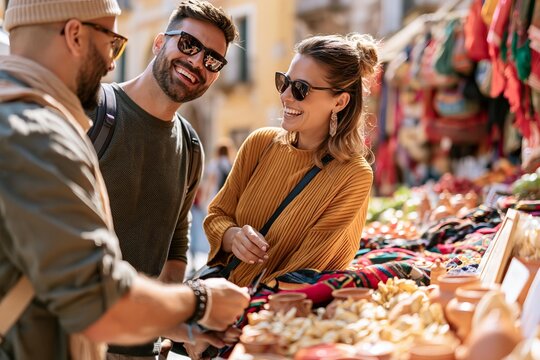 Friends laugh at outdoor market stall with colorful textiles and pottery. People enjoy shopping for souvenirs on a sunny day. Tourists explore local crafts and wares
