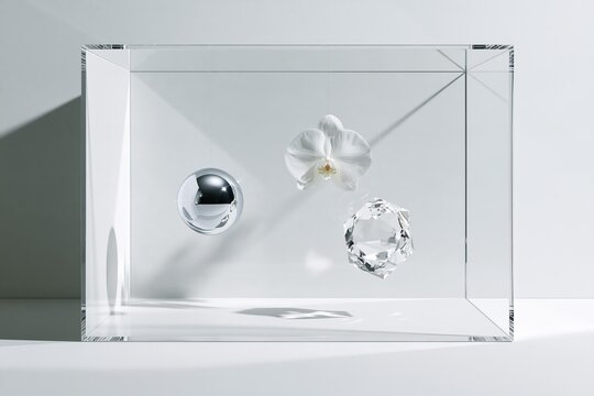 Clear glass cube encloses delicate white orchid and geometric crystal. Shiny chrome sphere hangs suspended with translucent adornments