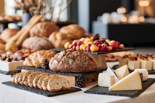Artisan breads and cheeses offered at a gourmet buffet