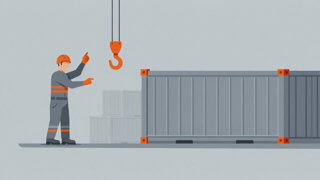 A construction worker directing a crane hook towards a large shipping container in a yard with container industrial area directs hanging crane