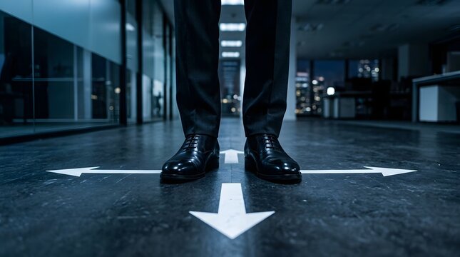 Close up of a businessman in formal black shoes standing at a crossroad with white arrows on the floor, symbolizing career paths, strategic decision making, and choosing the right direction.