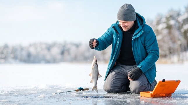 Fisherman pulling fish from ice hole while smiling on frozen lake  