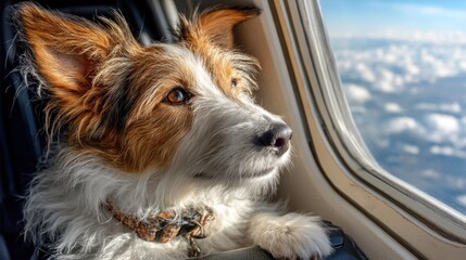 Fototapeta premium Curious Small Dog Looking Out of Airplane Window During Flight