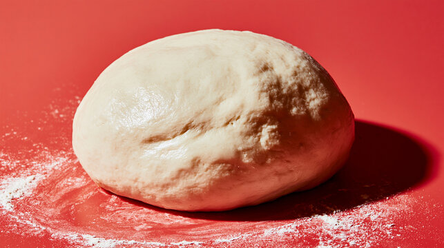 Fresh homemade pizza dough ball on red surface with scattered flour, soft risen yeast dough ready for baking and traditional pizza preparation