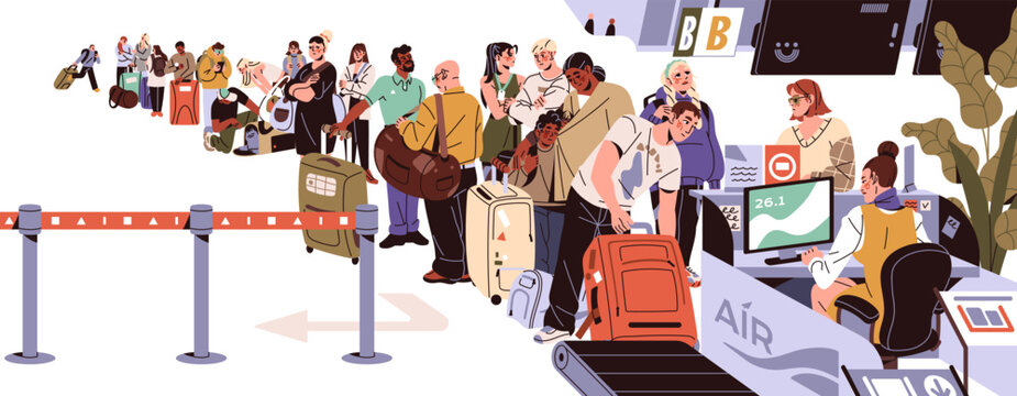 People are in line to registration, check in counter. Passengers pass passport, baggage control. Tourists are waiting in queue at boarding gate at airport. Flat isolated vector illustration on white