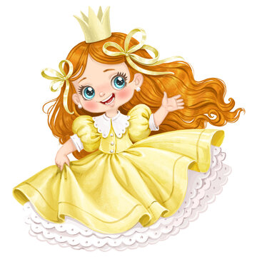 Beautiful princess in a golden yellow dress is dancing and her dress is flowing watercolor illustration