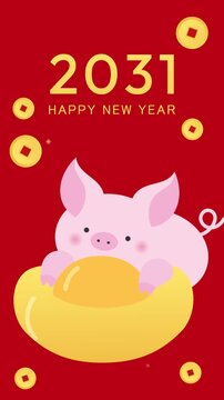 Zodiac pig with gold sycee mascot vertical animation. Happy Chinese New Year 2031 celebration.