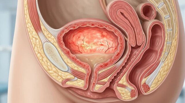 Female cystitis progression: human bladder inflammation, urinary tract ailment, internal organ irritation, pelvic region anatomy, health condition worsen, medical science visualize.