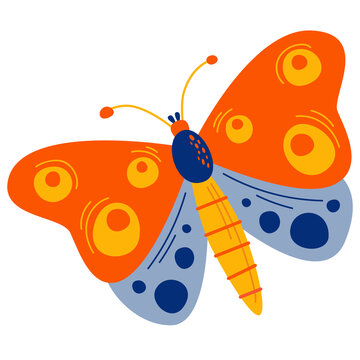 Bright decorative moth with orange, yellow and blue patterned wings, long antennae and spotted details, isolated on a transparent background.