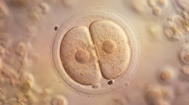 Life begin process: human embryo, cell divide, early gestation, microscopic view, genetic material, organism grow, biological anatomy, develop stage, medical biology.