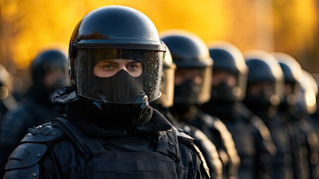 Riot police stand in formation outdoors under autumn trees in natural light