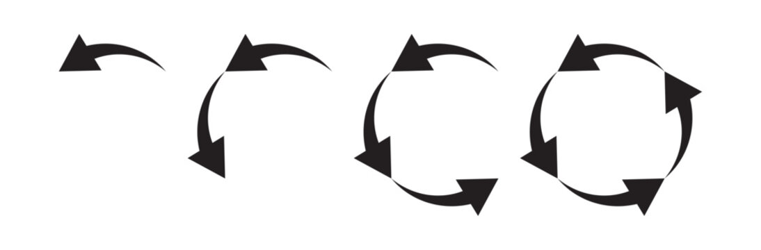 Cycle arrow, circular flat symbol. Circle shape template, recycle button pictogram. Conservation, restart concept. Arrowhead moving black set isolated on white background. Simple vector illustration