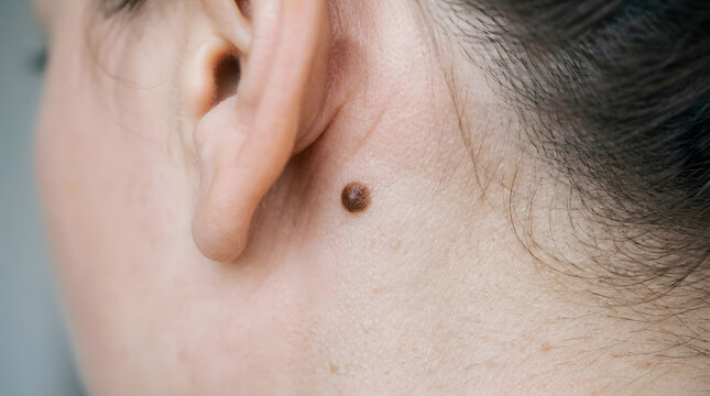 Close up of a human ear with a brown mole on the neck