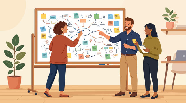 Creative Team Collaborating on Strategy Brainstorming with Mind Map on Whiteboard