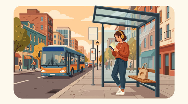 Young Woman Waiting at City Bus Stop Using Smartphone and Headphones