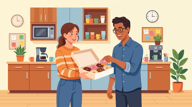 Colleagues Sharing Donuts in Office Break Room