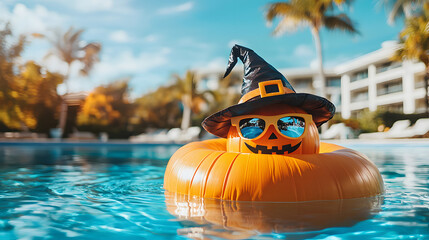 Obraz premium A Halloween pumpkin wearing a witch's hat and goggles floats in a pool against a backdrop of a hotel and palm trees on a clear day