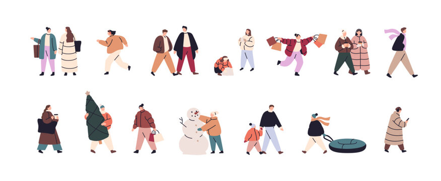 People in outerwear in winter set. Friends meet outdoors, walk together. Kids play snowballs, make snowman. Characters prepare for Christmas and have fun. Flat isolated vector illustrations on white