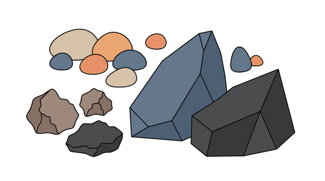 Flat vector stone collection with colorful river pebbles and angular grey boulders, natural rock elements vector isolated on white background, outdoor landscape environment design assets