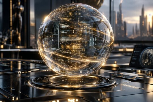 Futuristic AI agent interface. A semi-transparent, holographic sphere made of liquid glass and particles of golden light. Inside the sphere, microscopic glowing lines of code and data matrices shift a