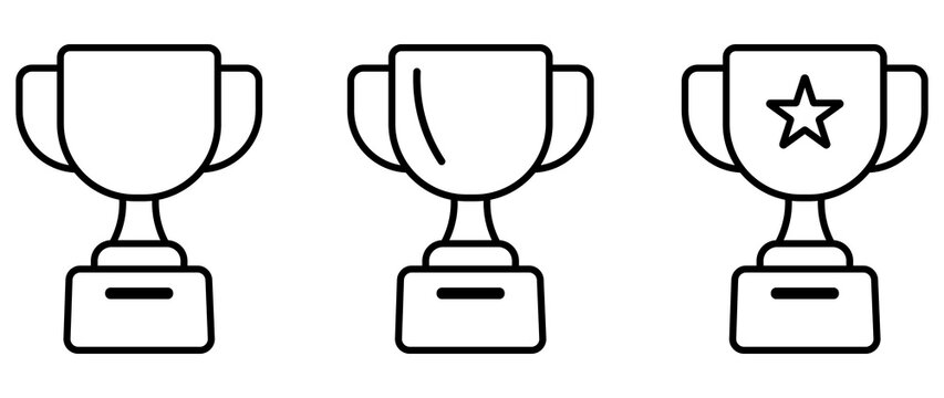Set of winner trophy cup award line art icons with star decoration and base plates award cups winner symbols champion trophies